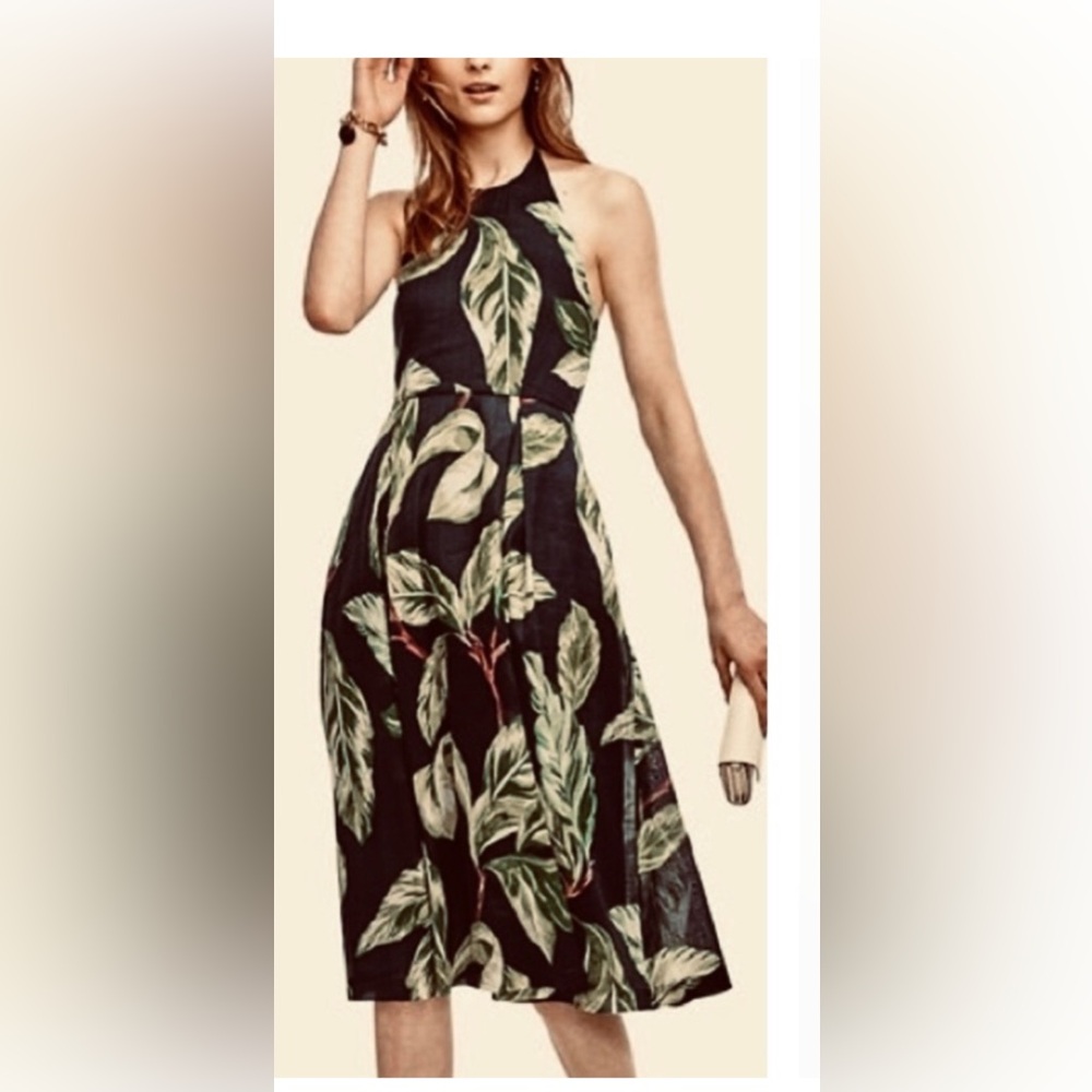 Ann Taylor Factory NEW 100% Rayon Flowy Halter Palm Leaf Midi Dress